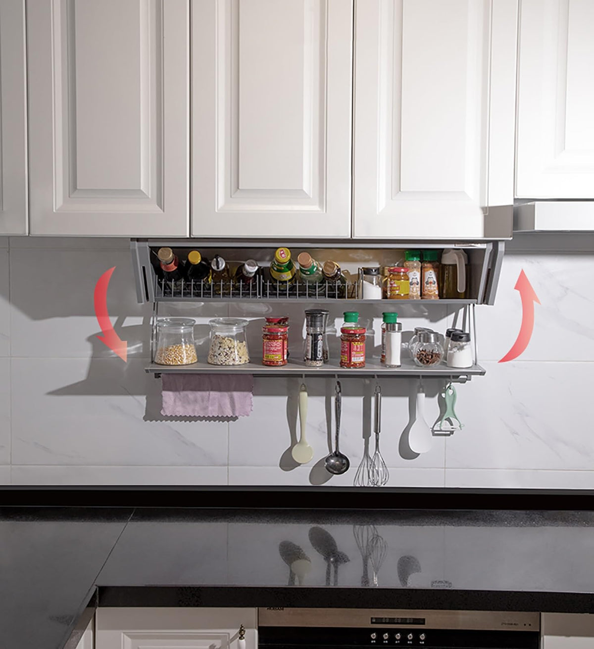 JOMRTS Pull Out Spice Rack Organizer, Under Cabinet Drop-Down Folding Rack with Door, Heavy-Duty Down Shelf, Wall Mounted Floating Shelf for Over The Stove