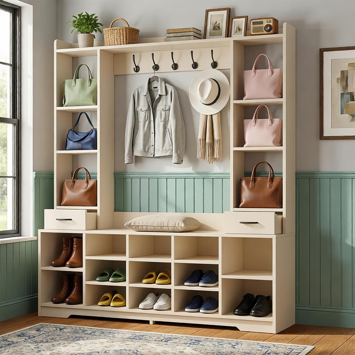 LHIUGE 6-in-1 Hall Tree with Bench & Shoe Storage Cabinet