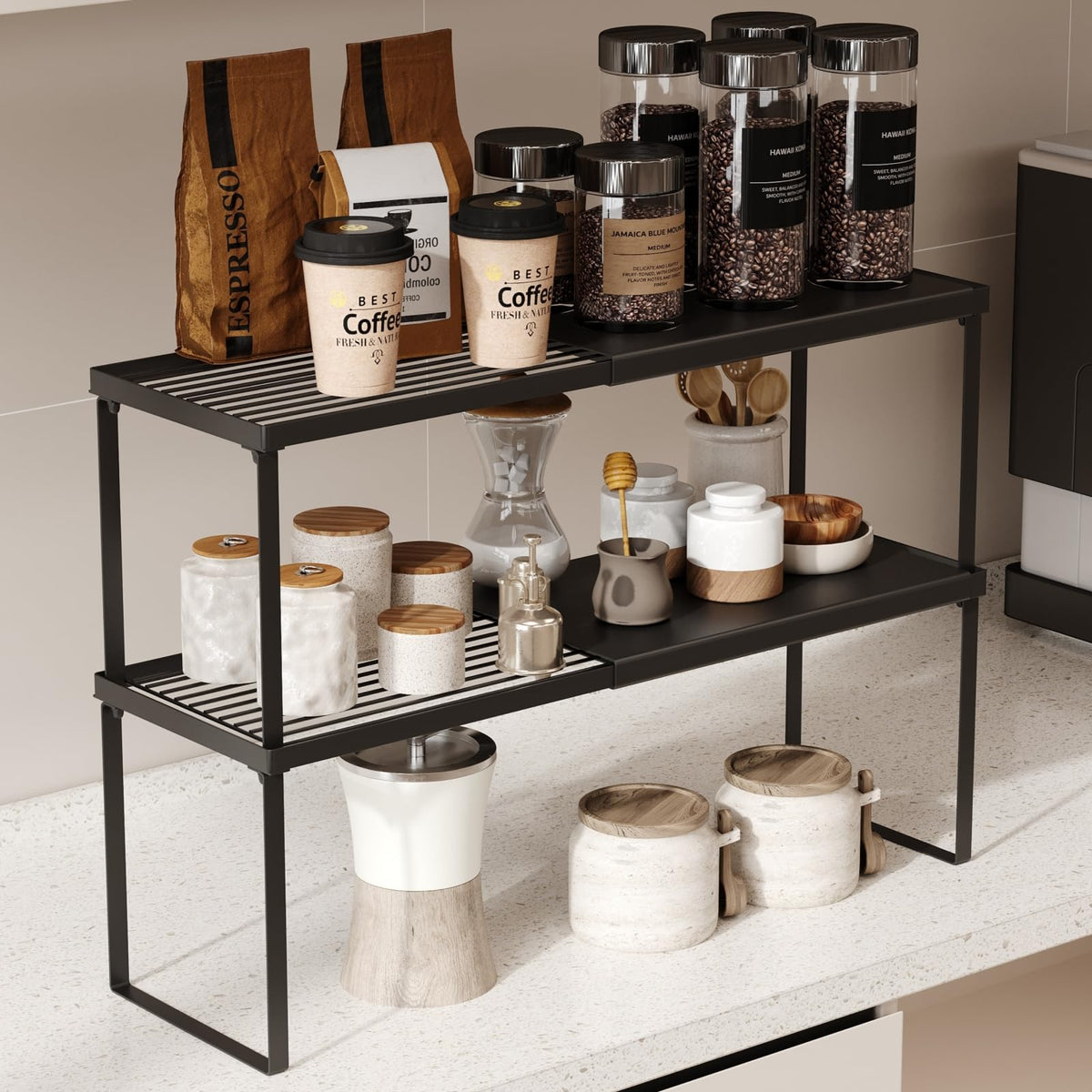 Magheo Spice Rack Organizer for Cabinet/Countertop, Stackable Kitchen Cabinet Shelf Riser, Pantry Organizers and Storage, Heavy Duty Counter Shelves for Seasonings,Bowls,Coffee Makers