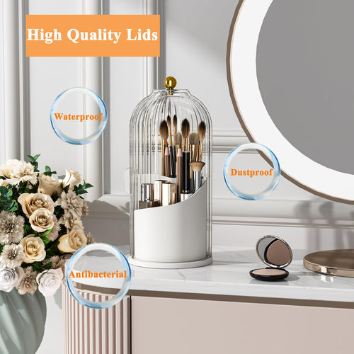 5sssallefaa Makeup Brush Holder Organizer with Lid 360° Rotating Makeup Organizer Countertop Dustproof Cosmetics Organizer for Vanity Bathroom, Transparent (Transparent)