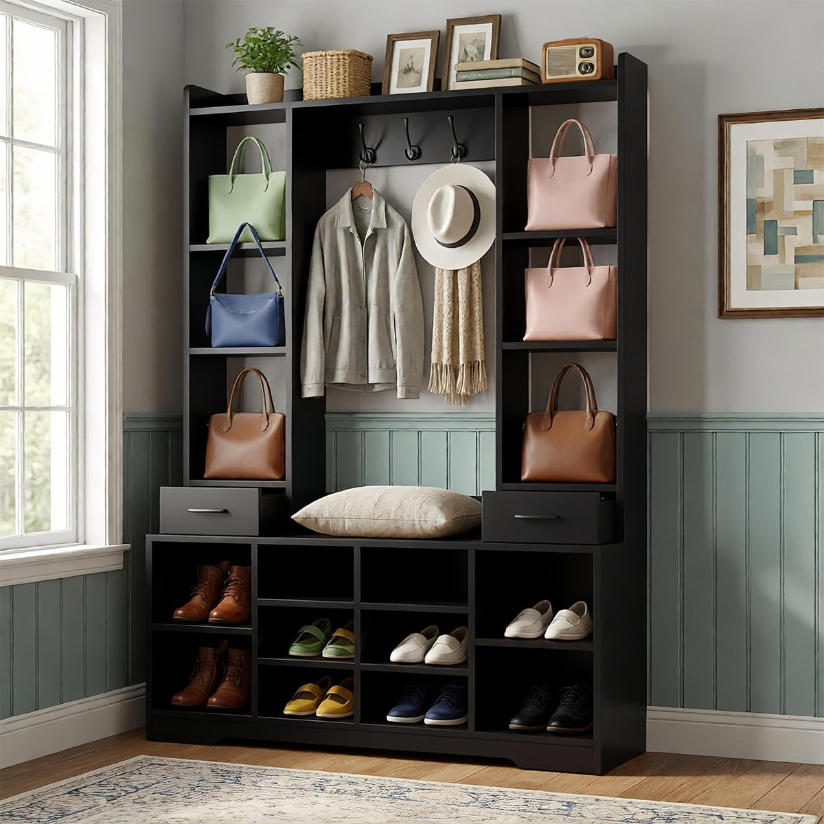 LHIUGE 6-in-1 Hall Tree with Bench & Shoe Storage Cabinet