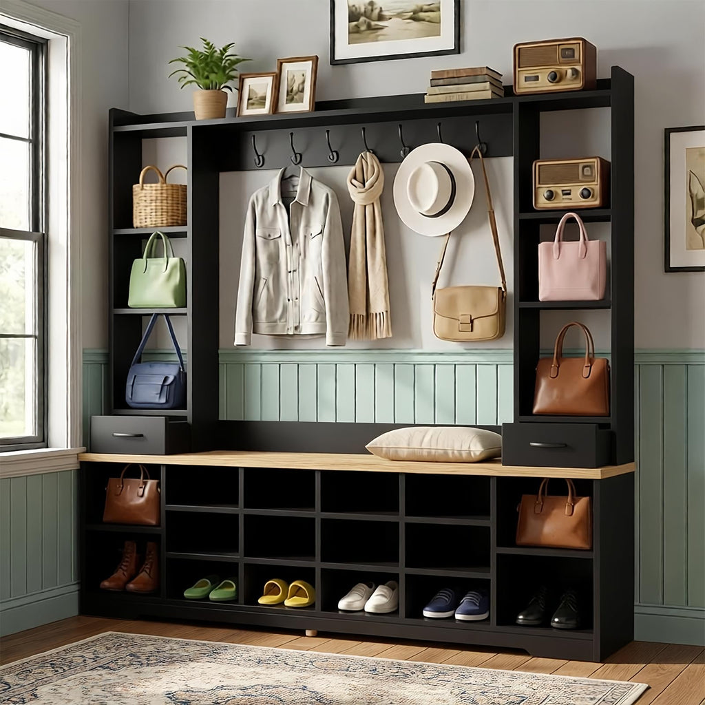 LHIUGE 6-in-1 Hall Tree with Bench & Shoe Storage Cabinet