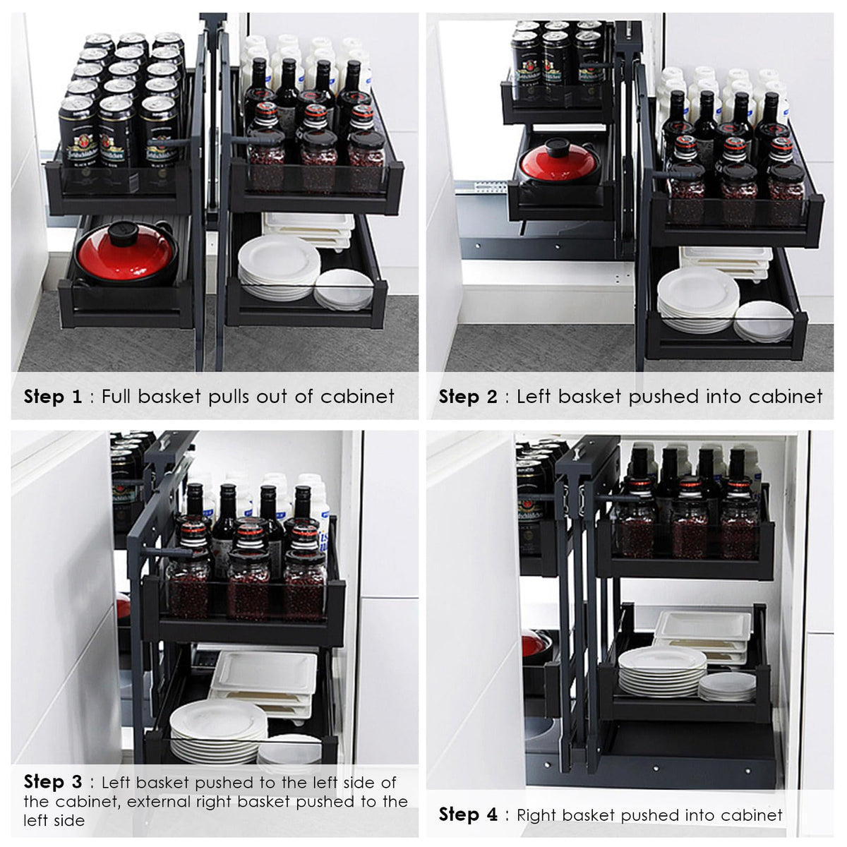 Adjustable Kitchen Cabinet with 4 Removable Baskets - Smart Space-Saving Pantry Storage Solution, Versatile Kitchen Organizer for Cabinets and Shelves