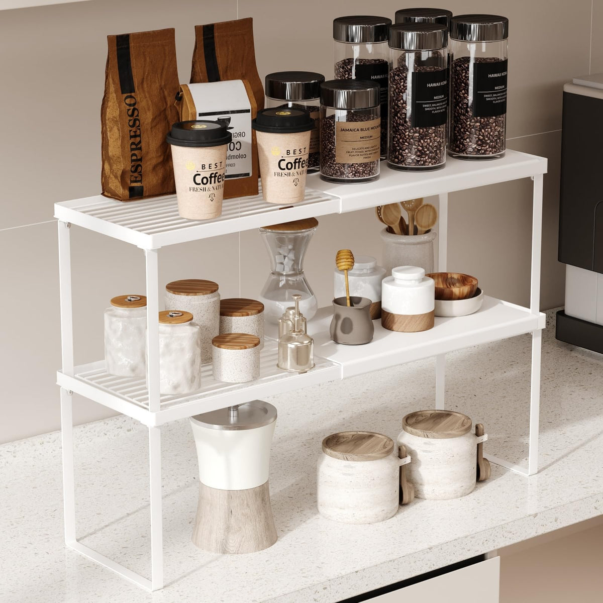 Magheo Spice Rack Organizer for Cabinet/Countertop, Stackable Kitchen Cabinet Shelf Riser, Pantry Organizers and Storage, Heavy Duty Counter Shelves for Seasonings,Bowls,Coffee Makers
