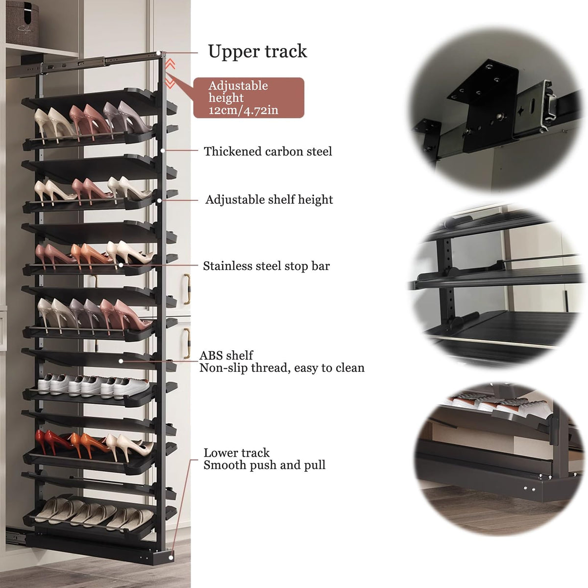 Shoe Rack Organizer, Adjustable Pull-Out Metal Shelf for Small Closets, Space-Saving Vertical Storage Solution