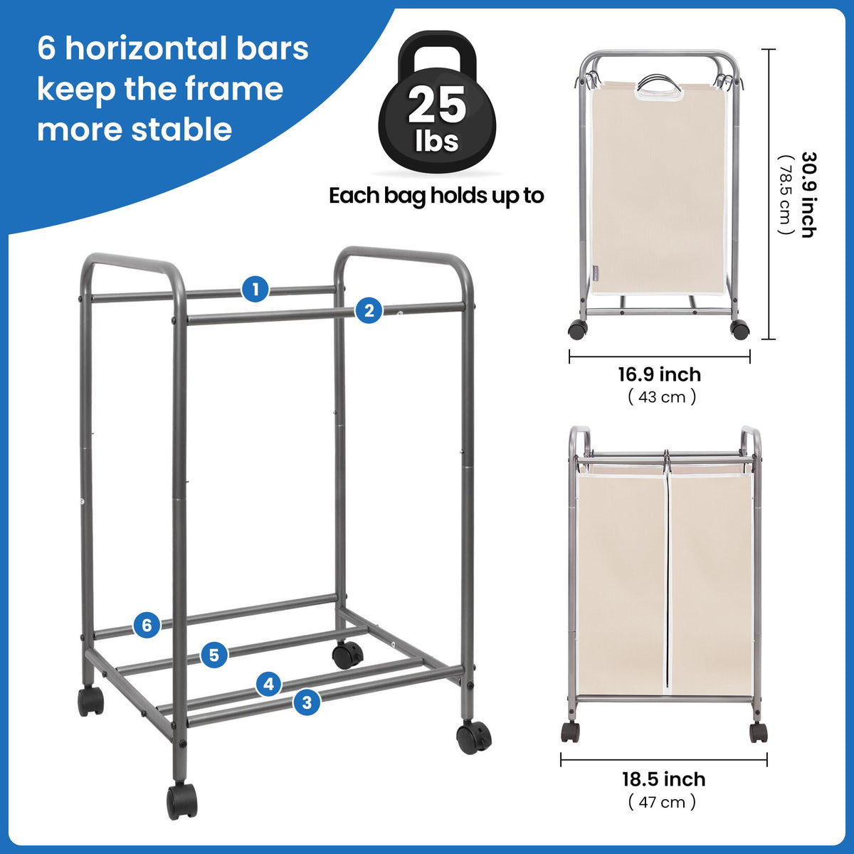 STORAGE MANIAC Rolling Laundry Sorter Hamper with Wheels