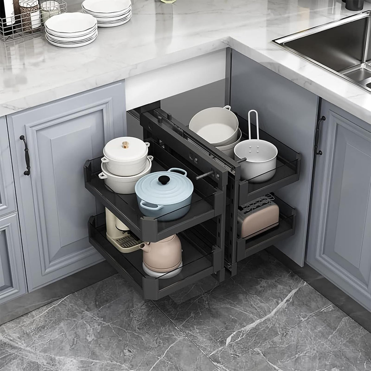 Adjustable Kitchen Cabinet with 4 Removable Baskets - Smart Space-Saving Pantry Storage Solution, Versatile Kitchen Organizer for Cabinets and Shelves