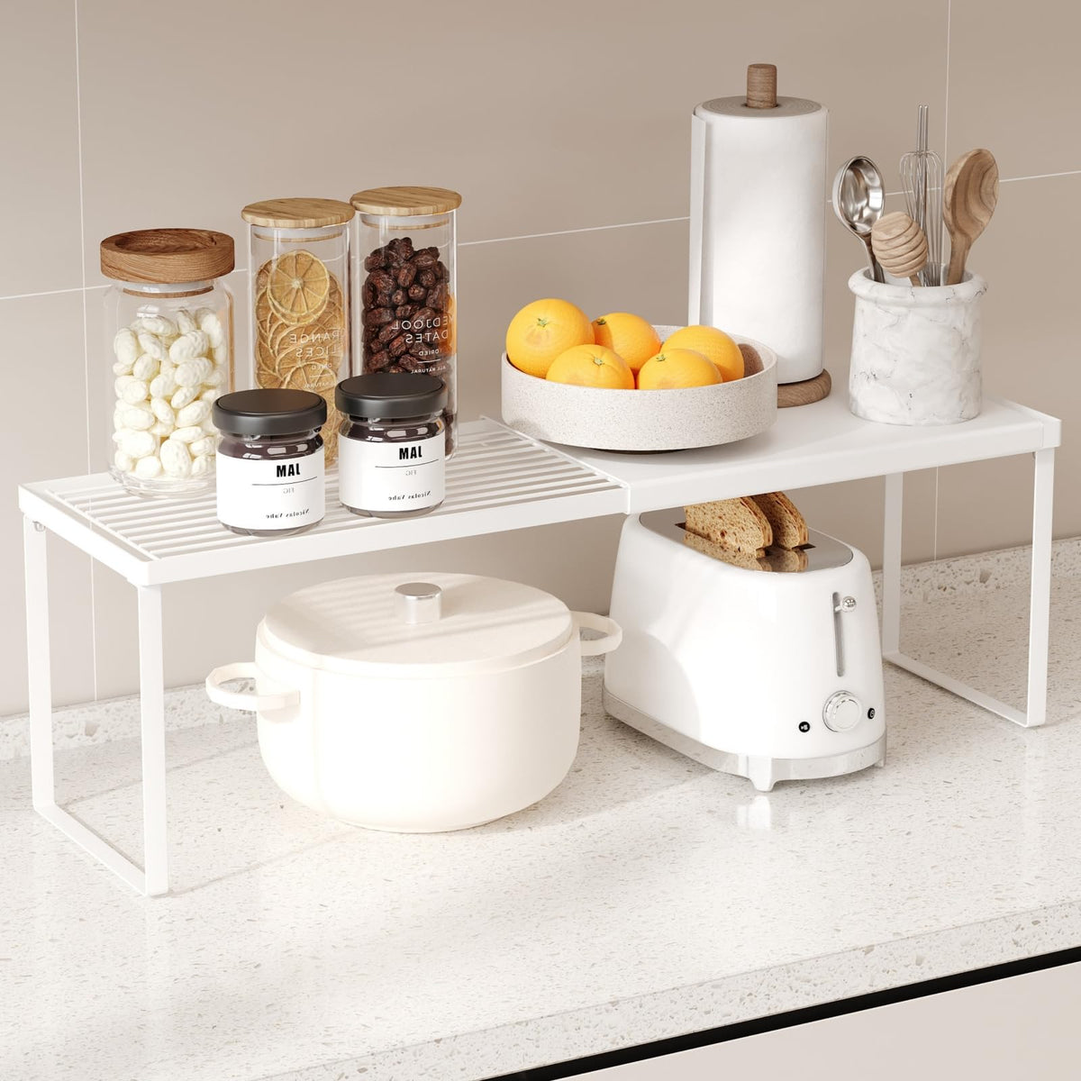Magheo Spice Rack Organizer for Cabinet/Countertop, Stackable Kitchen Cabinet Shelf Riser, Pantry Organizers and Storage, Heavy Duty Counter Shelves for Seasonings,Bowls,Coffee Makers