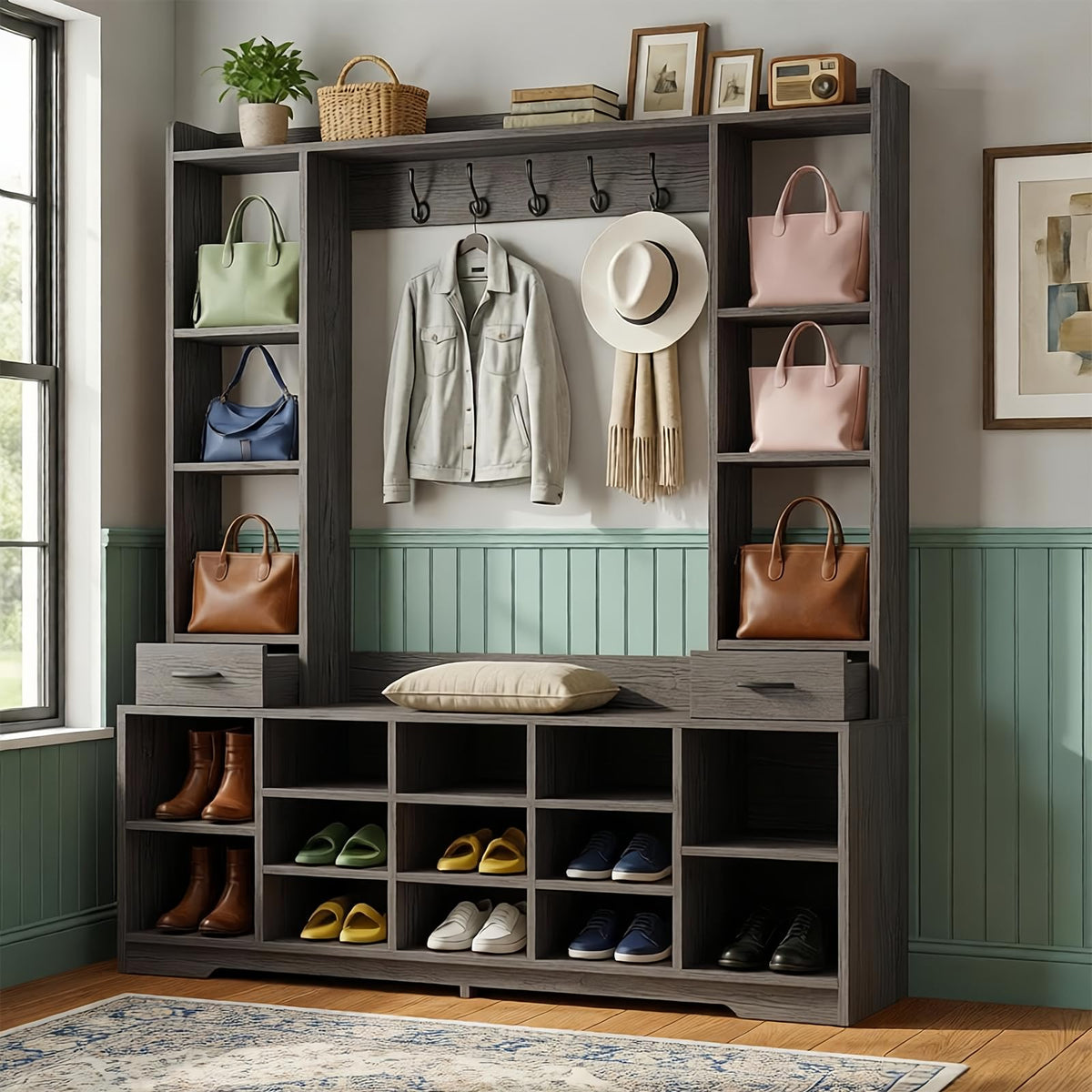 LHIUGE 6-in-1 Hall Tree with Bench & Shoe Storage Cabinet