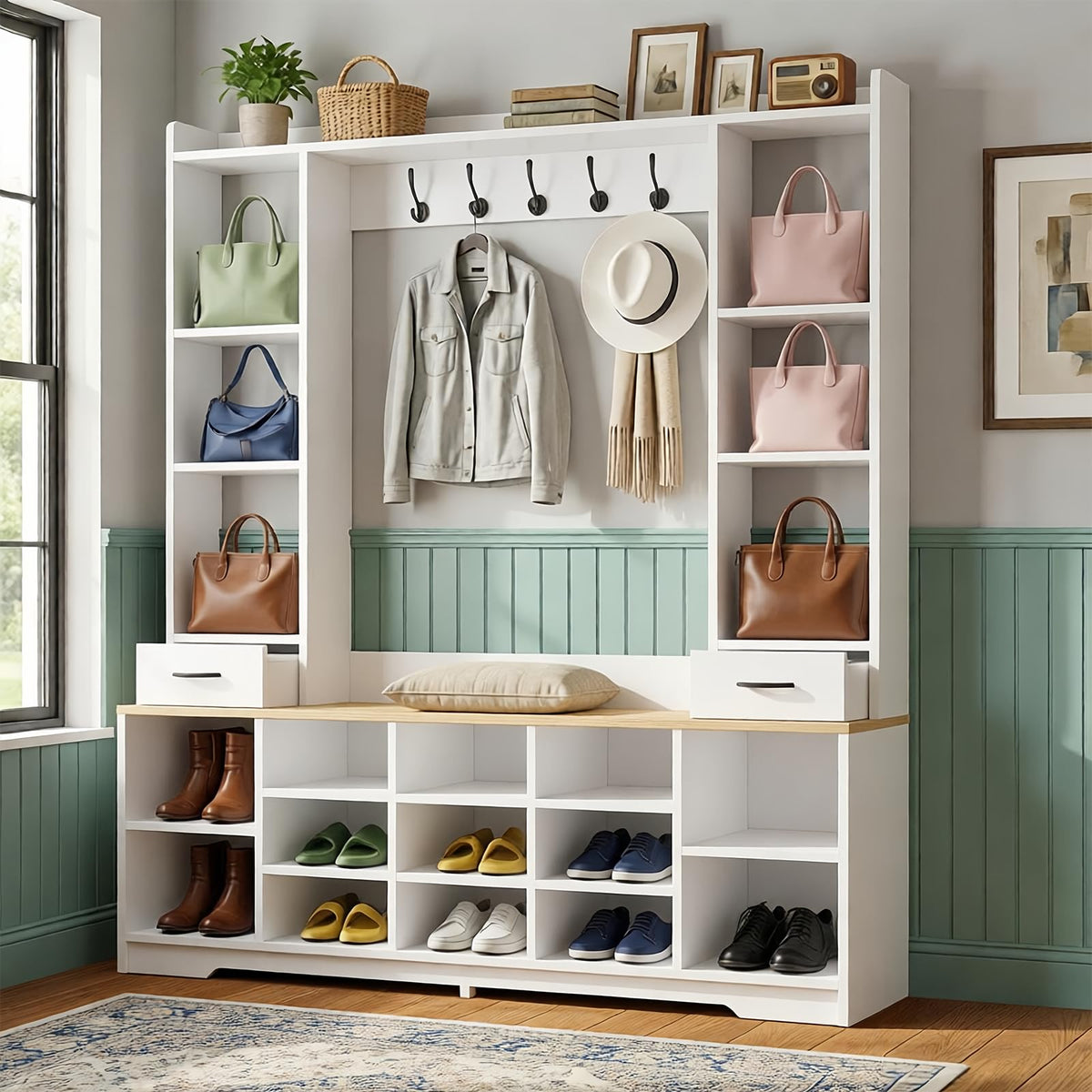 LHIUGE 6-in-1 Hall Tree with Bench & Shoe Storage Cabinet