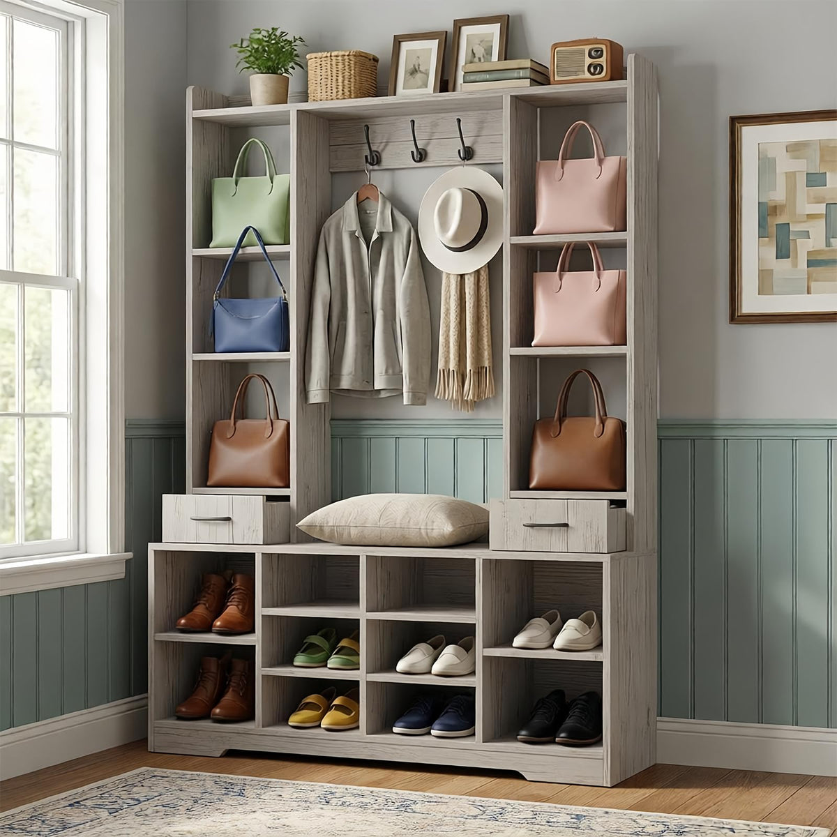 LHIUGE 6-in-1 Hall Tree with Bench & Shoe Storage Cabinet