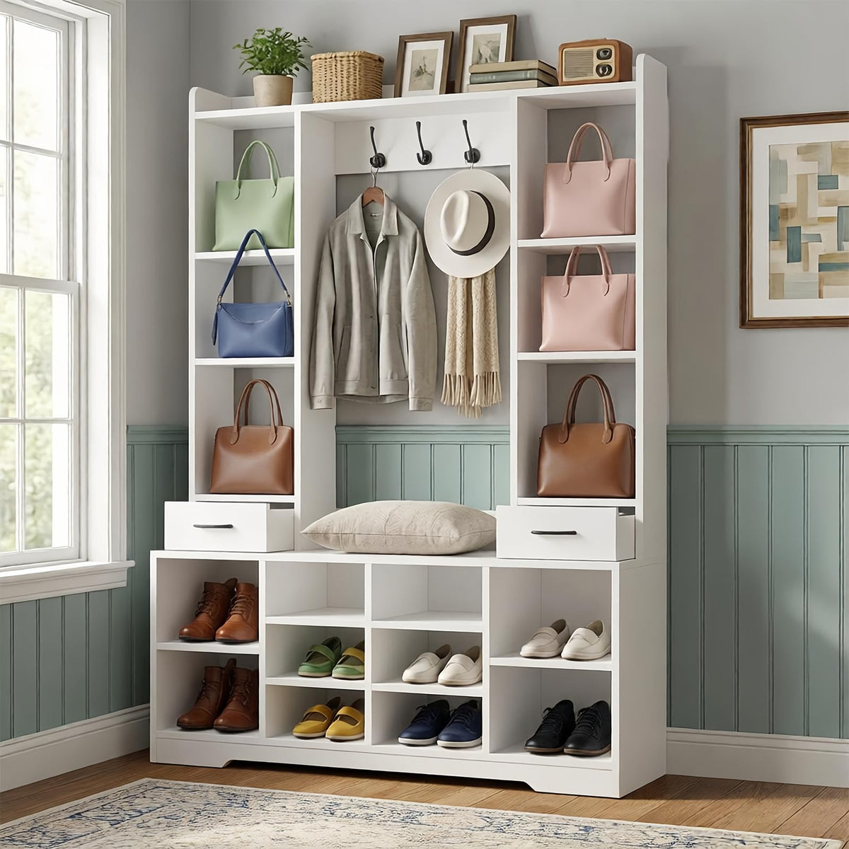 LHIUGE 6-in-1 Hall Tree with Bench & Shoe Storage Cabinet