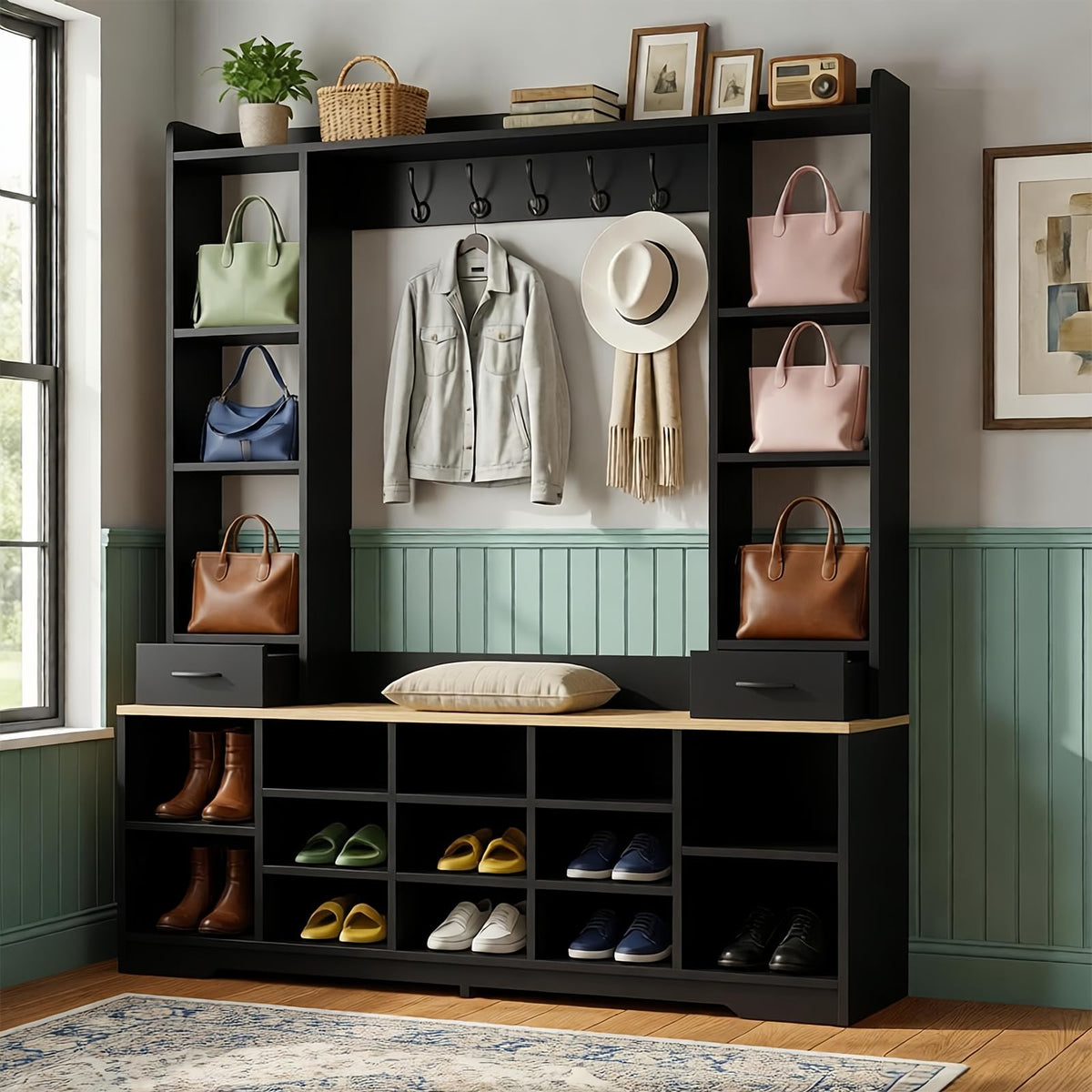 LHIUGE 6-in-1 Hall Tree with Bench & Shoe Storage Cabinet