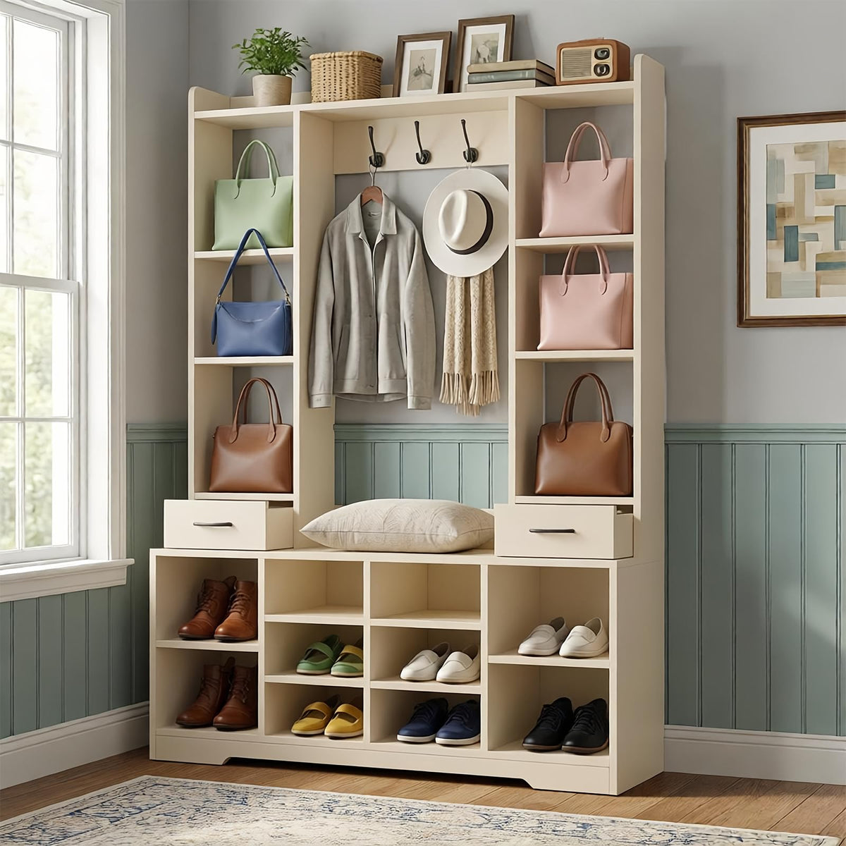 LHIUGE 6-in-1 Hall Tree with Bench & Shoe Storage Cabinet