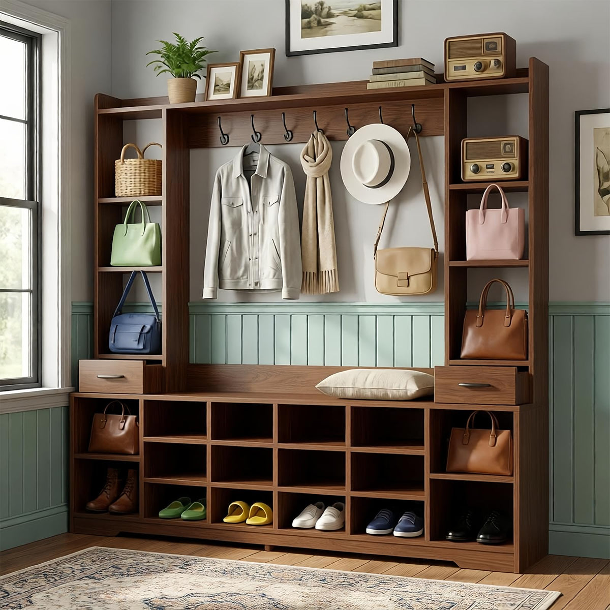 LHIUGE 6-in-1 Hall Tree with Bench & Shoe Storage Cabinet