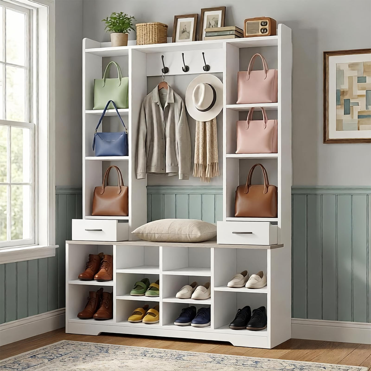 LHIUGE 6-in-1 Hall Tree with Bench & Shoe Storage Cabinet