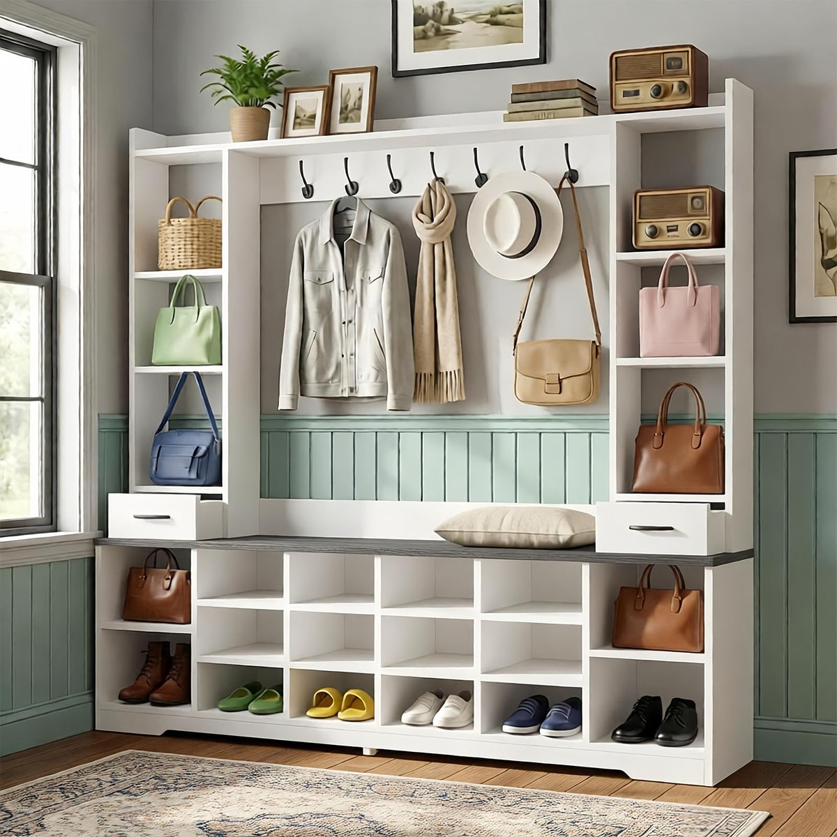 LHIUGE 6-in-1 Hall Tree with Bench & Shoe Storage Cabinet