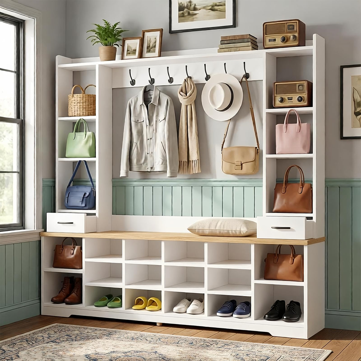 LHIUGE 6-in-1 Hall Tree with Bench & Shoe Storage Cabinet