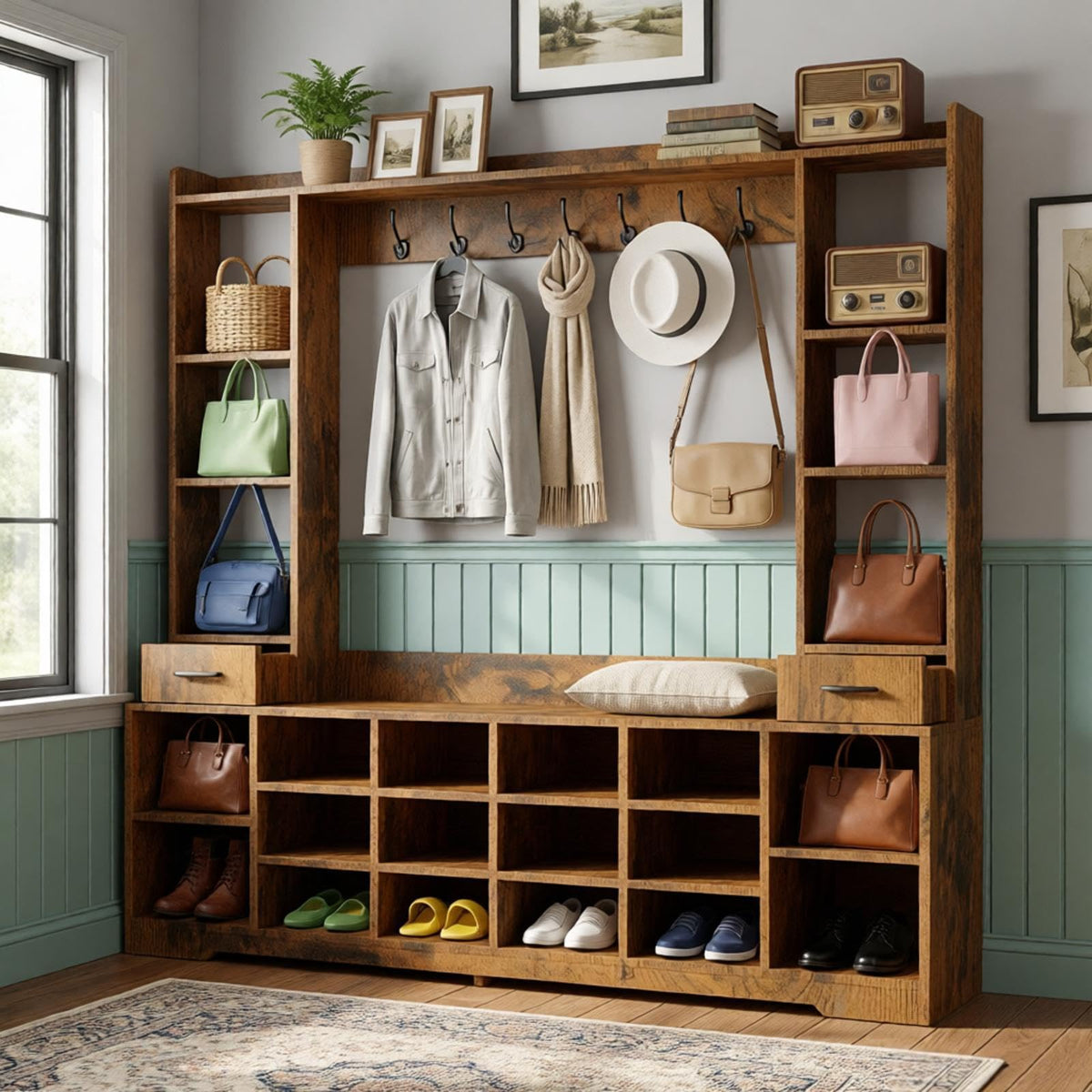 LHIUGE 6-in-1 Hall Tree with Bench & Shoe Storage Cabinet