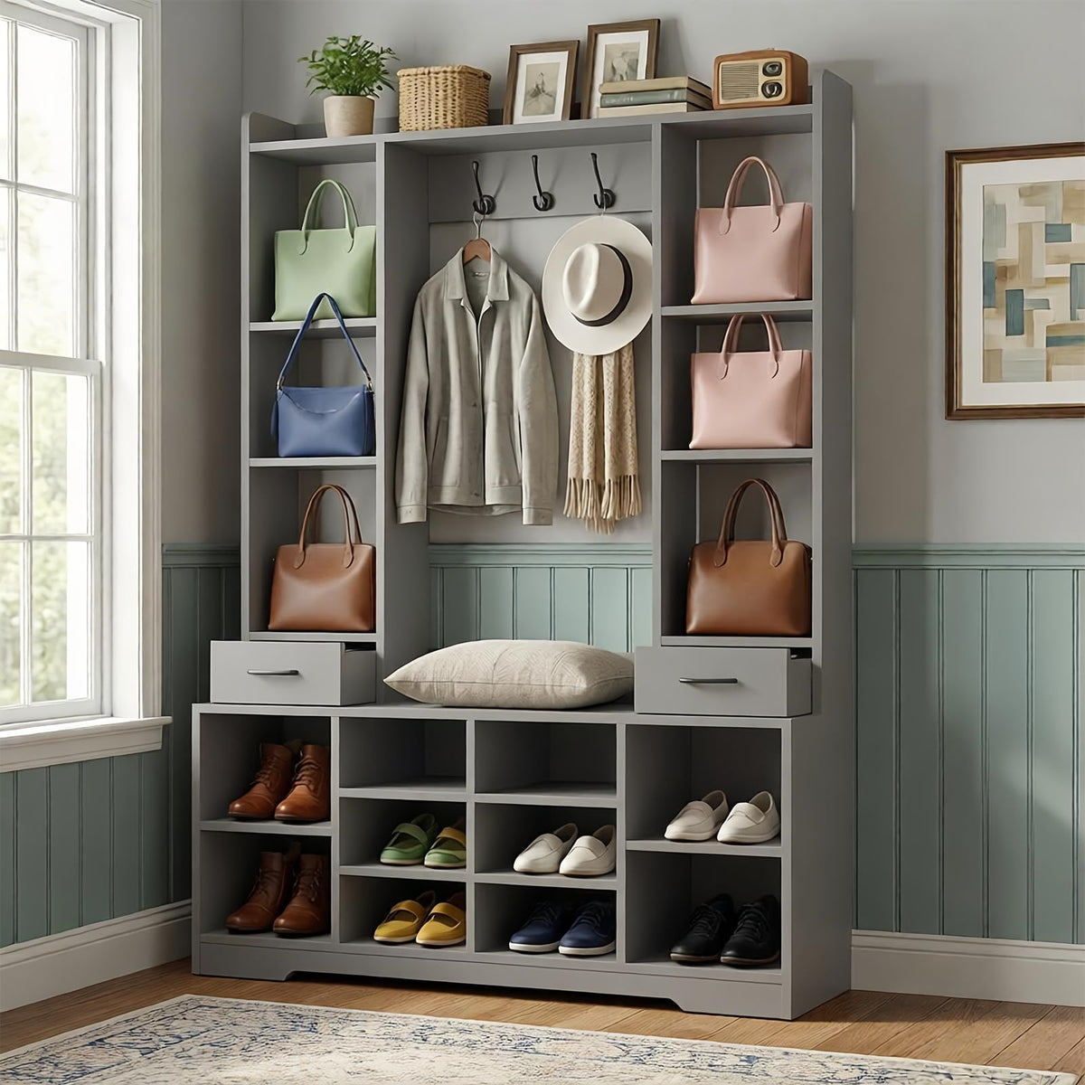 LHIUGE 6-in-1 Hall Tree with Bench & Shoe Storage Cabinet