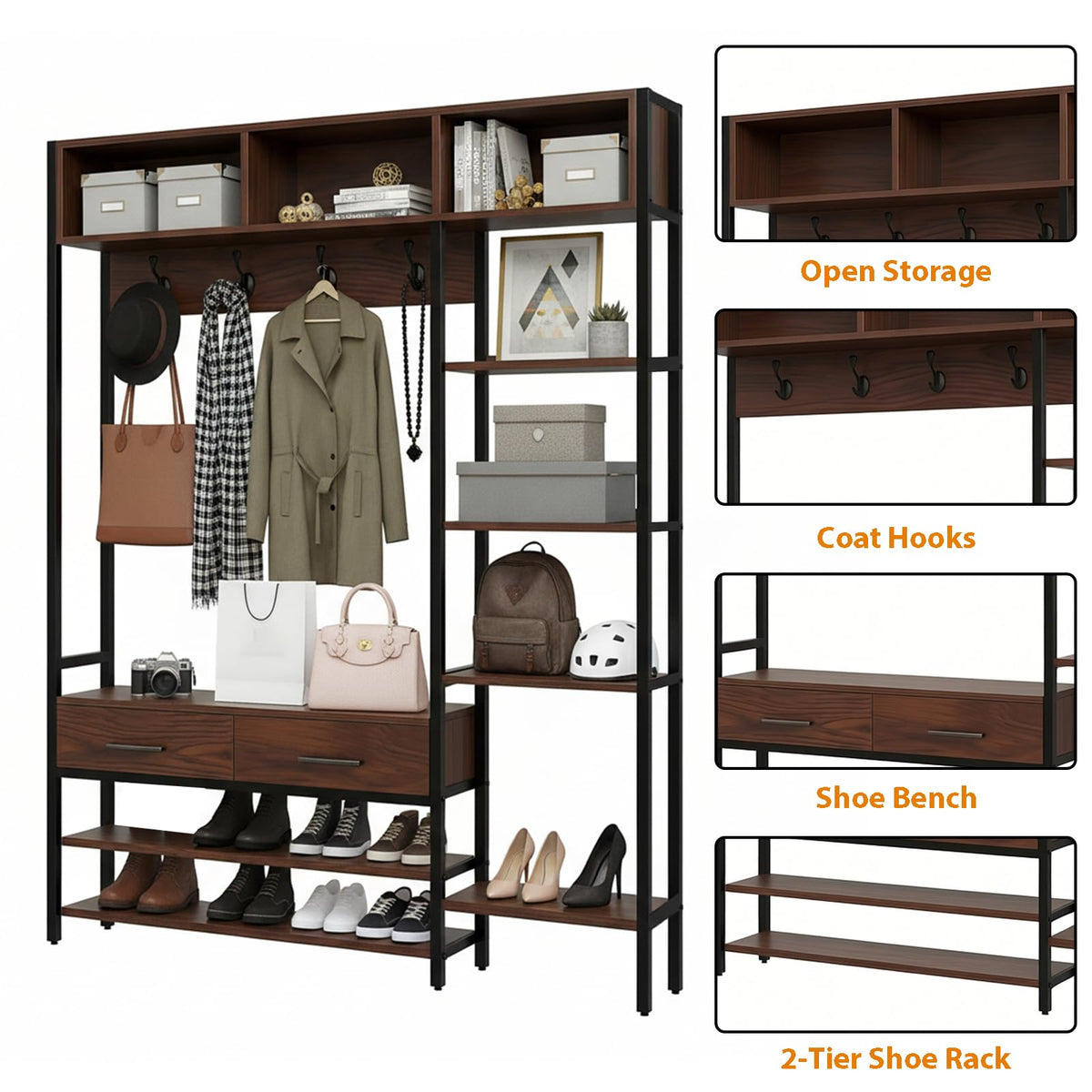 Hall Tree with Bench, Shoe Storage, Shelves & 2 Drawers