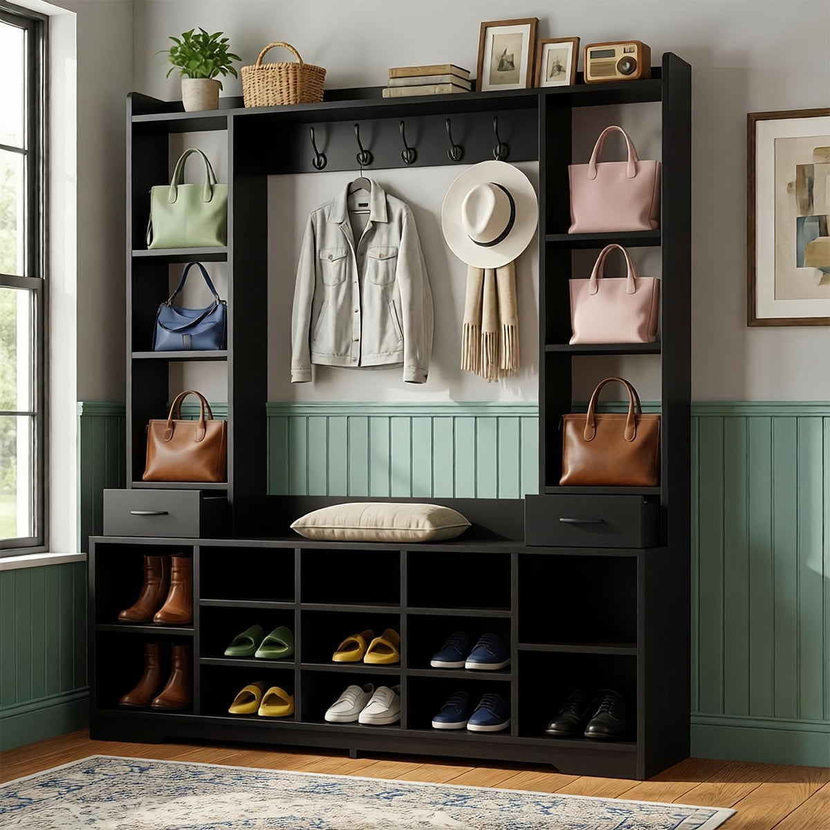 LHIUGE 6-in-1 Hall Tree with Bench & Shoe Storage Cabinet