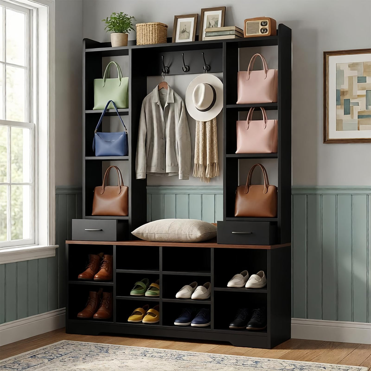 LHIUGE 6-in-1 Hall Tree with Bench & Shoe Storage Cabinet