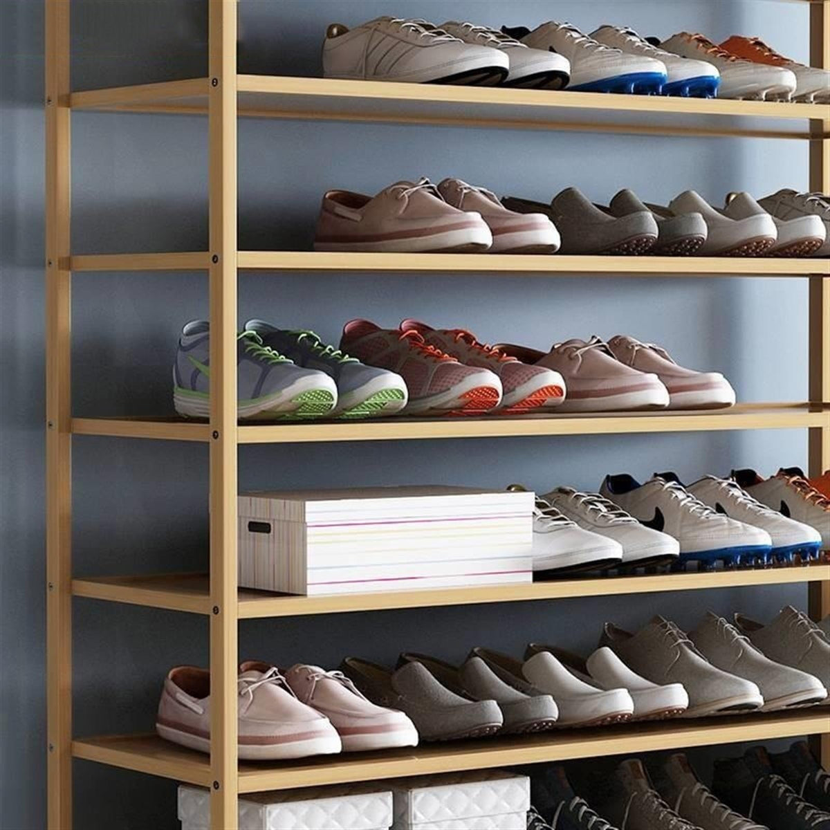 A1DFDFGOQSFG 10-Tier Bamboo Shoe Rack with Top Storage Box
