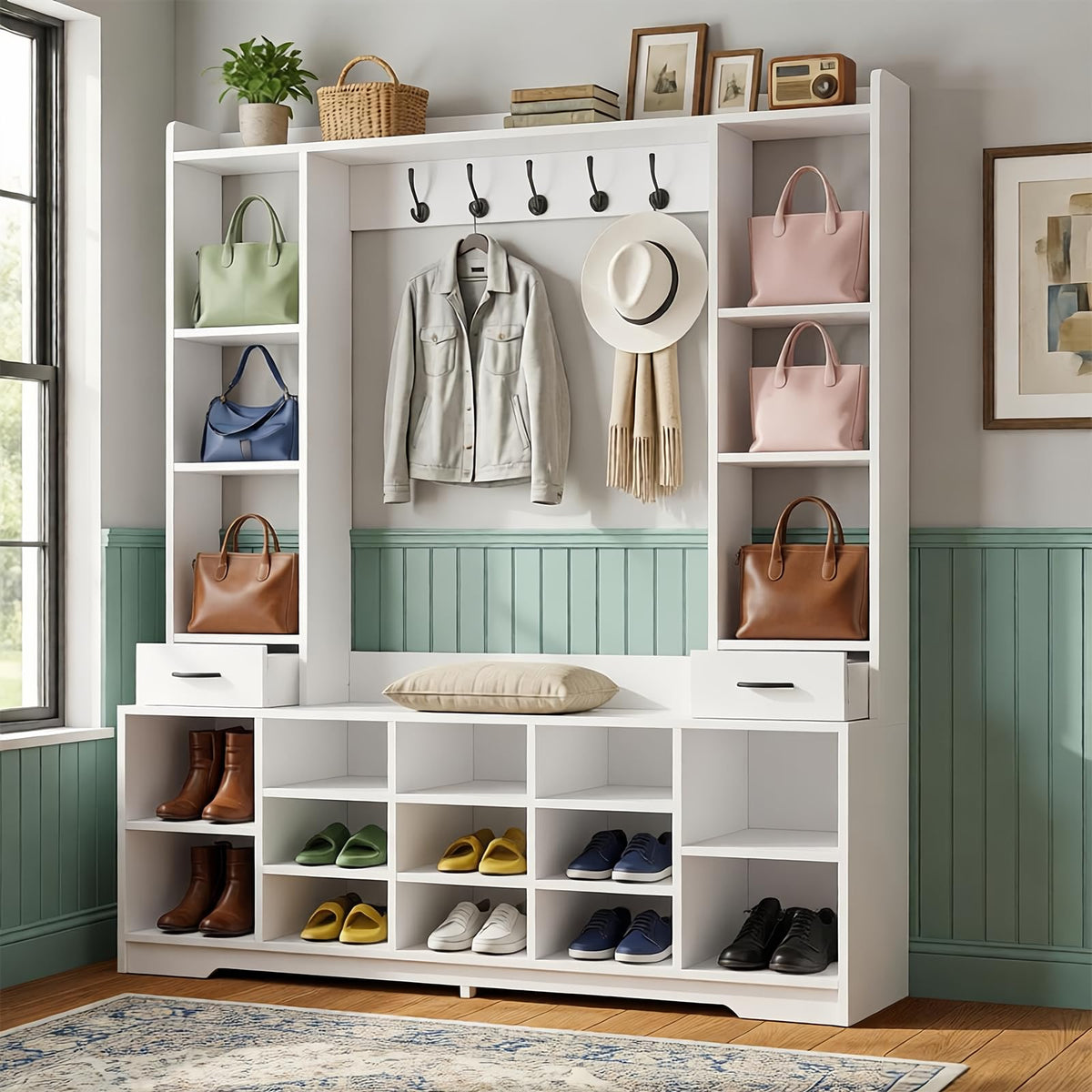 LHIUGE 6-in-1 Hall Tree with Bench & Shoe Storage Cabinet