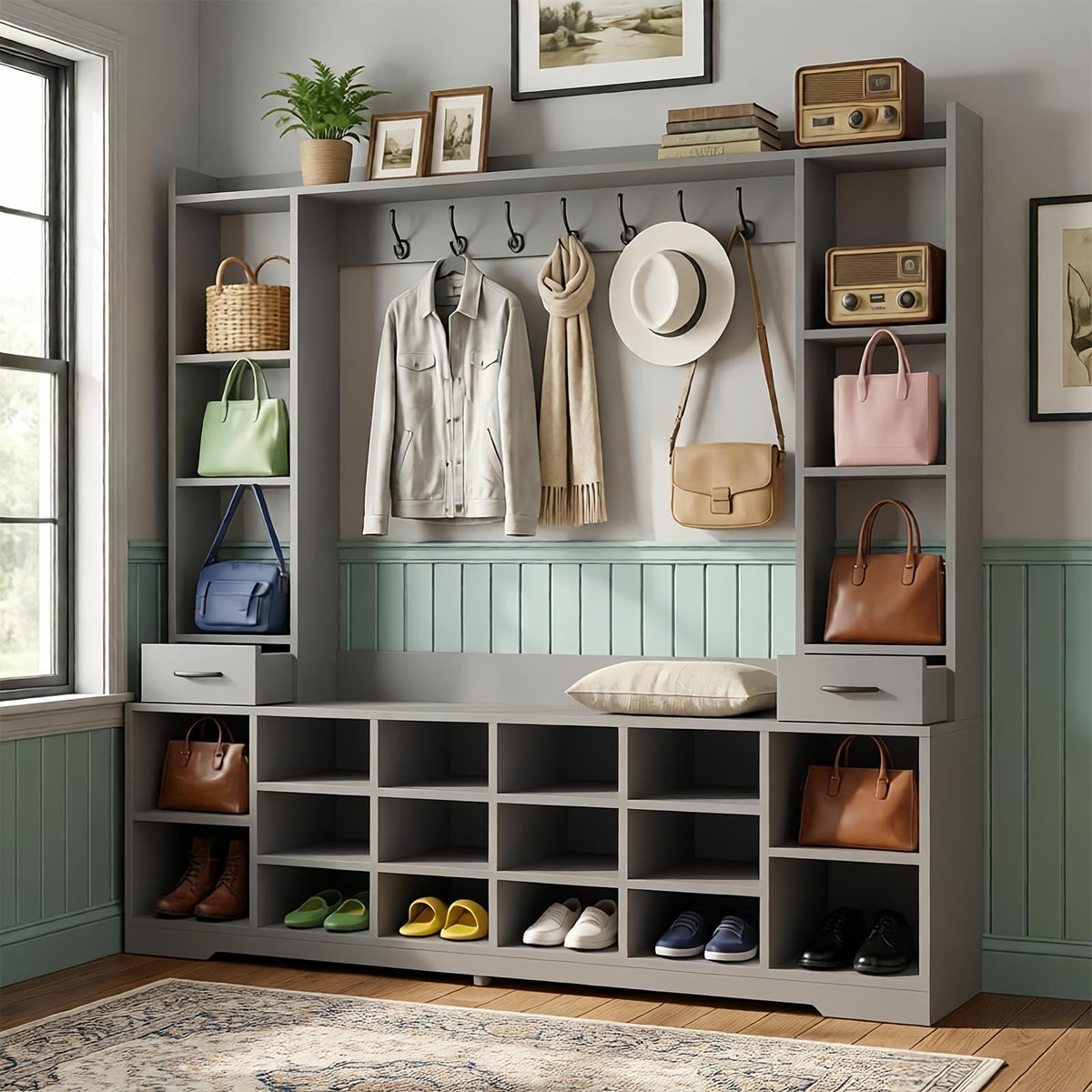 LHIUGE 6-in-1 Hall Tree with Bench & Shoe Storage Cabinet