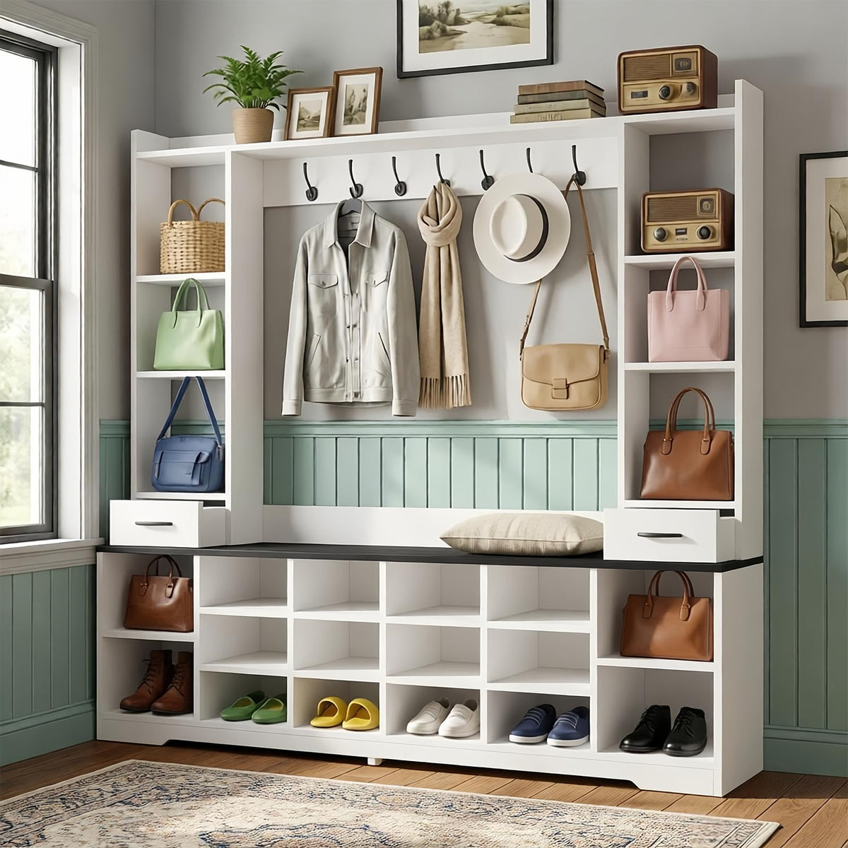LHIUGE 6-in-1 Hall Tree with Bench & Shoe Storage Cabinet