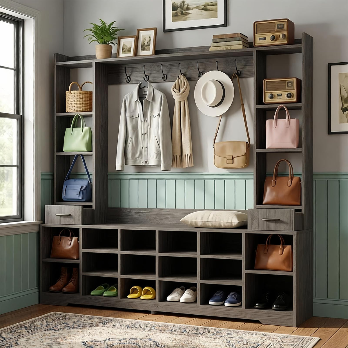 LHIUGE 6-in-1 Hall Tree with Bench & Shoe Storage Cabinet