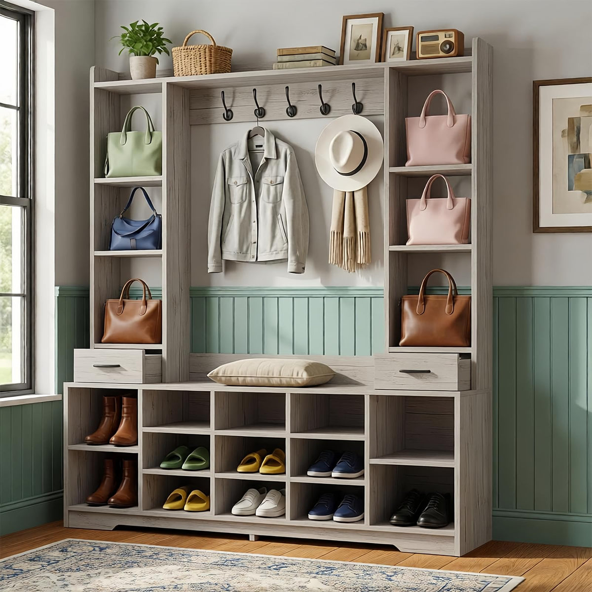 LHIUGE 6-in-1 Hall Tree with Bench & Shoe Storage Cabinet