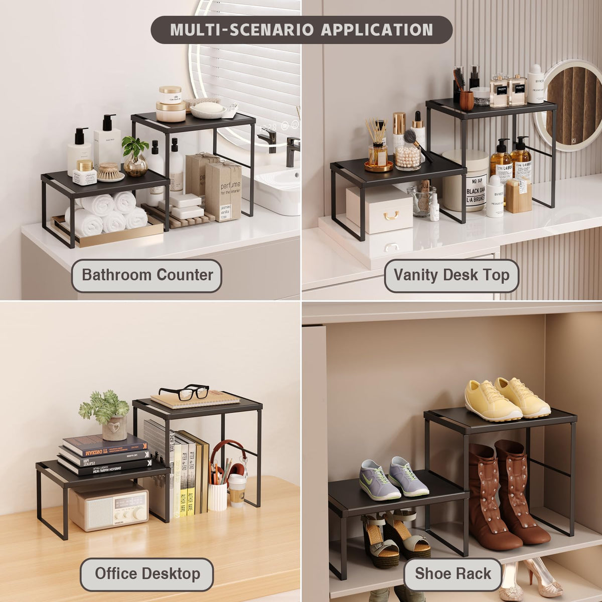 Magheo Spice Rack Organizer for Cabinet/Countertop, Stackable Kitchen Cabinet Shelf Riser, Pantry Organizers and Storage, Heavy Duty Counter Shelves for Seasonings,Bowls,Coffee Makers