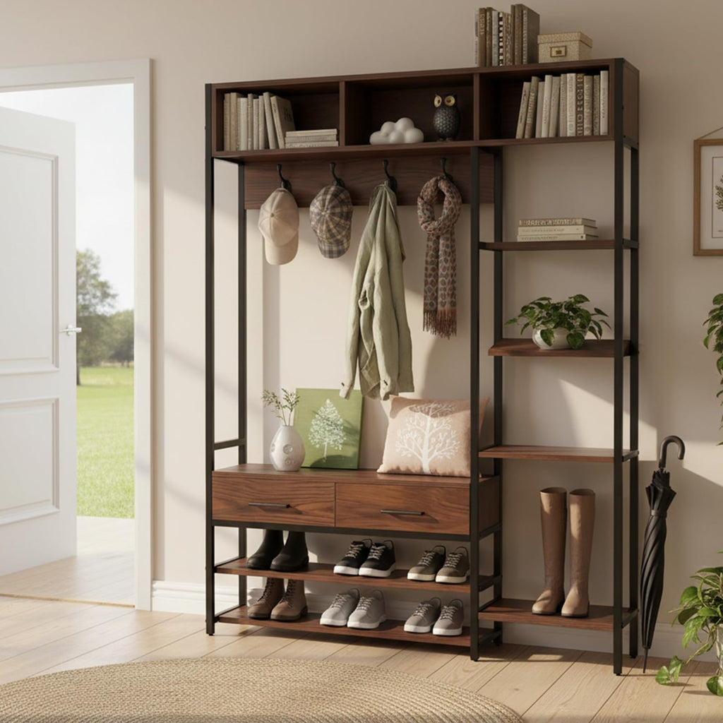 Hall Tree with Bench, Shoe Storage, Shelves & 2 Drawers