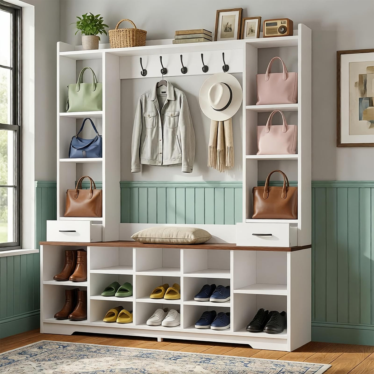 LHIUGE 6-in-1 Hall Tree with Bench & Shoe Storage Cabinet
