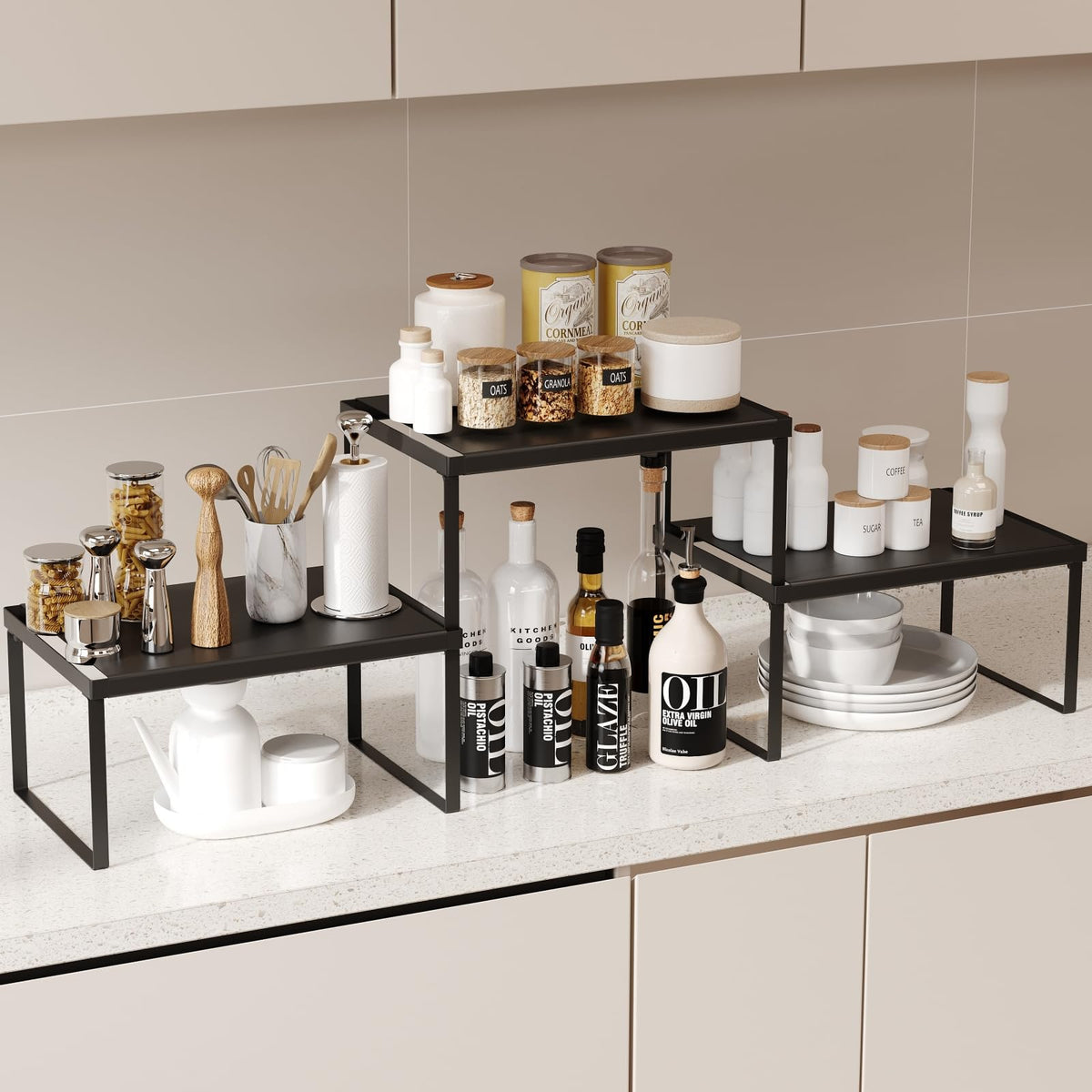 Magheo Spice Rack Organizer for Cabinet/Countertop, Stackable Kitchen Cabinet Shelf Riser, Pantry Organizers and Storage, Heavy Duty Counter Shelves for Seasonings,Bowls,Coffee Makers