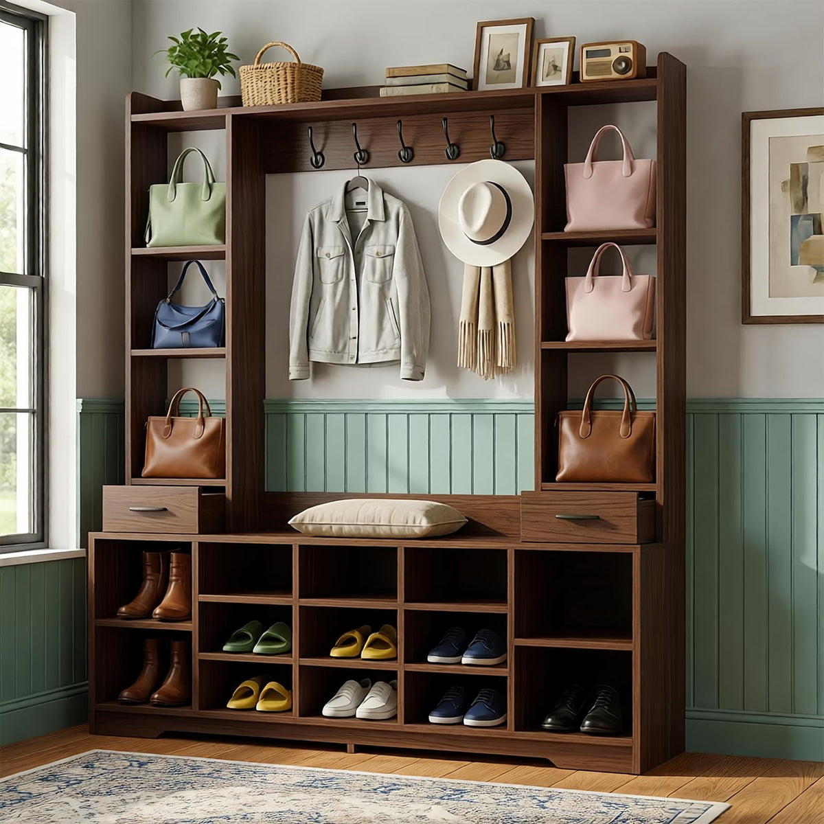 LHIUGE 6-in-1 Hall Tree with Bench & Shoe Storage Cabinet