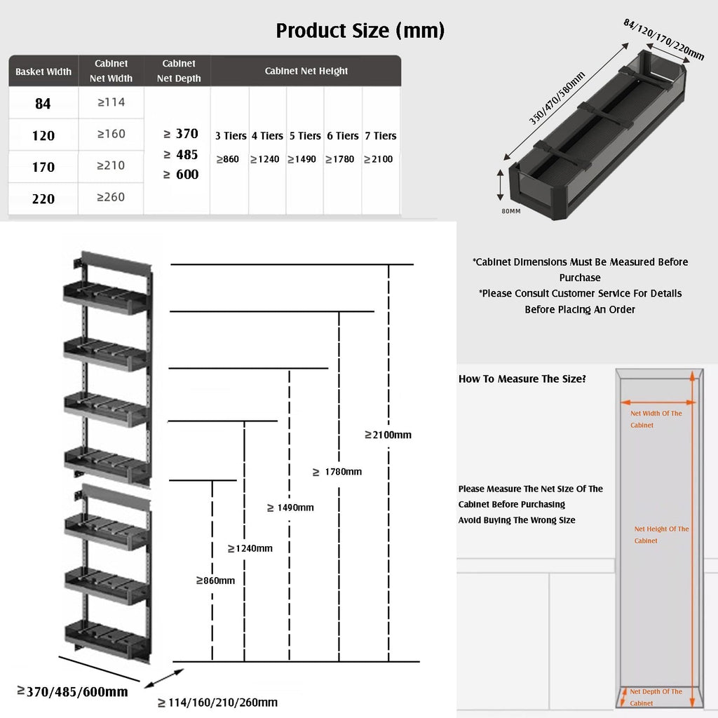 TBLOTYD Soft-Sliding Rail Pull-Out Basket, Cabinet Pullout Drawer Organizer, High Cabinet Storage Rack with Separator Strips, for Narrow and High Gaps