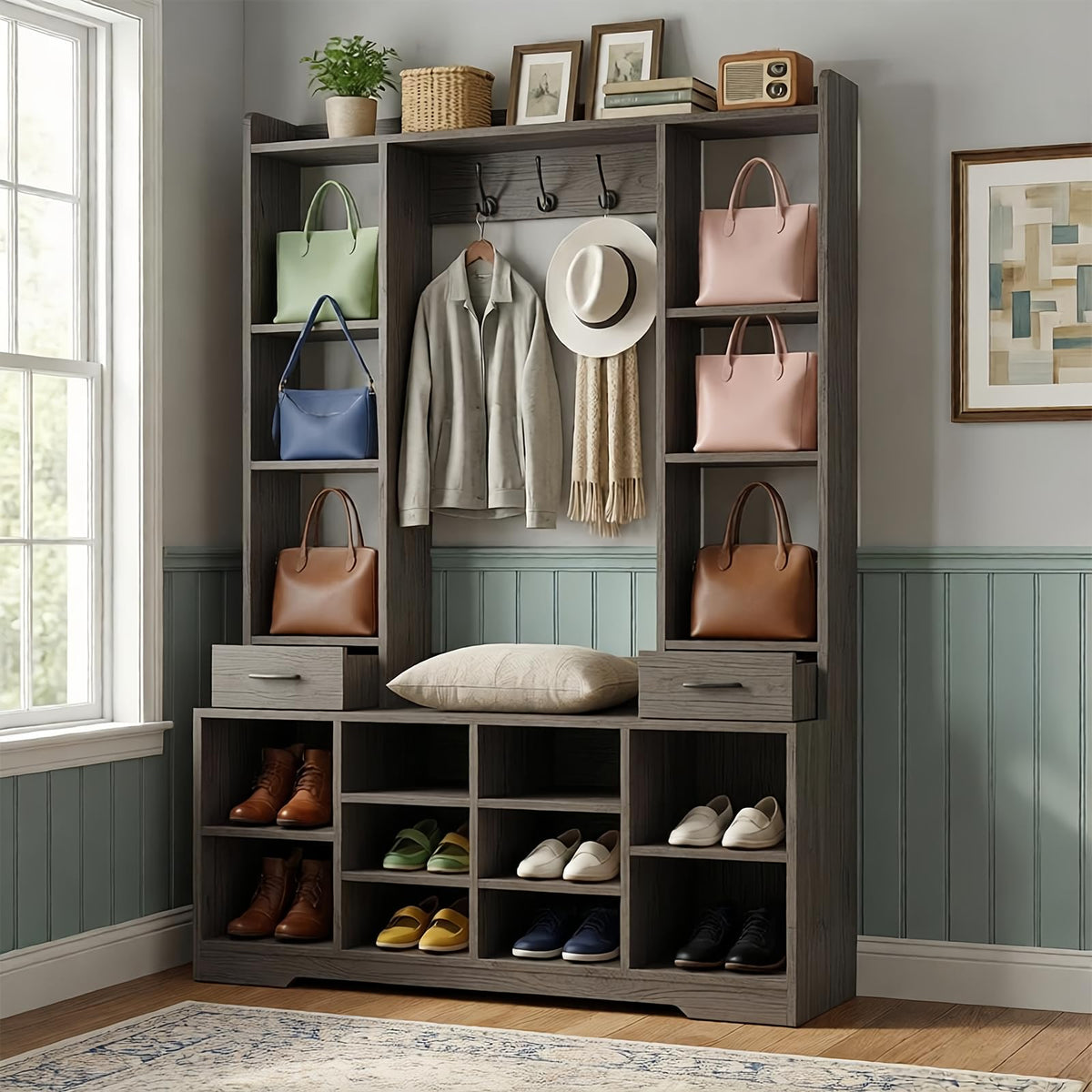 LHIUGE 6-in-1 Hall Tree with Bench & Shoe Storage Cabinet