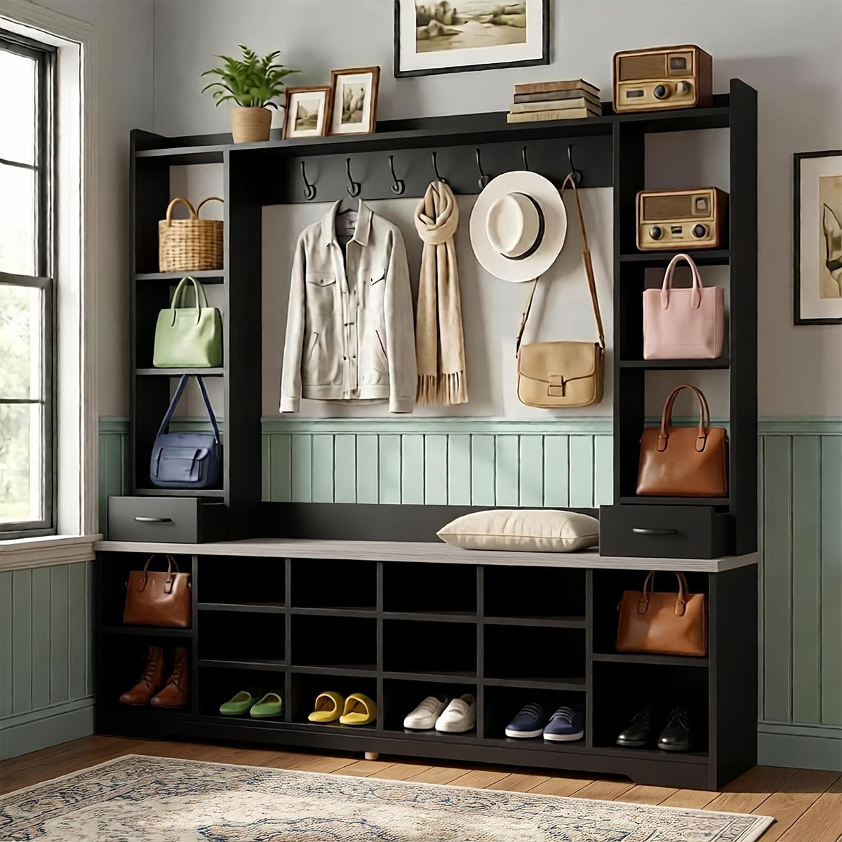 LHIUGE 6-in-1 Hall Tree with Bench & Shoe Storage Cabinet