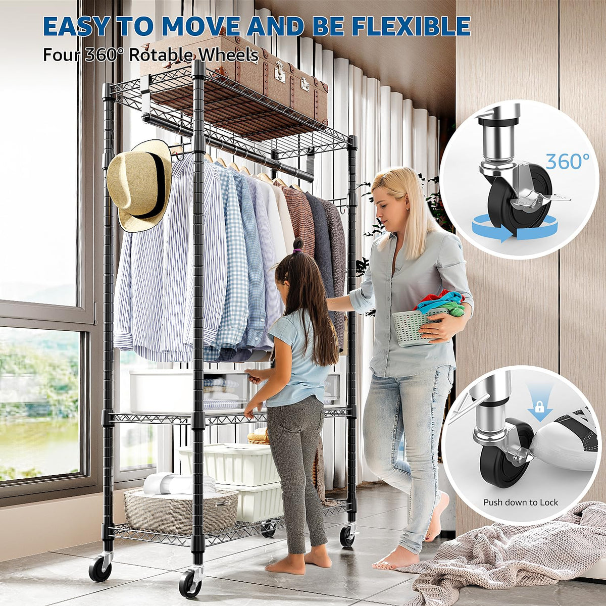 M MZG 3-Tier Rolling Garment Rack with Shelves, 2-Pack