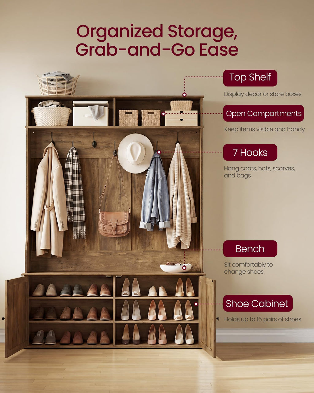 VASAGLE Hall Tree with Coat Rack & Shoe Storage
