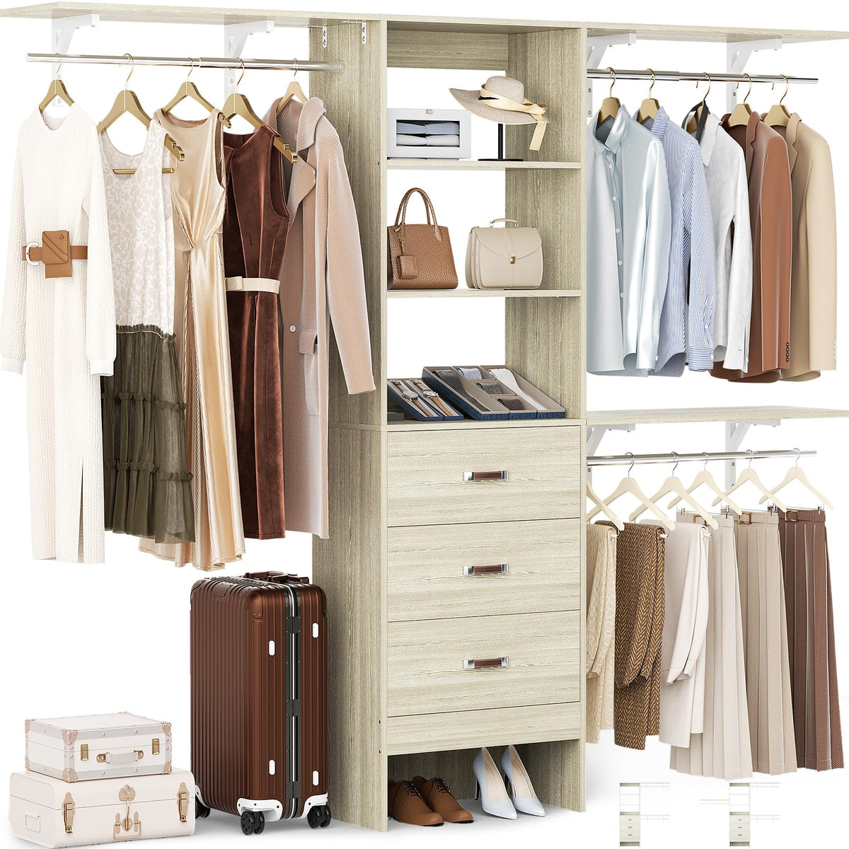 Closet System with Drawer - 8FT Wood Closet Organizer System with 3 Hanging Rods and Shelving Tower, 96" Walk In Closet Organizer Wardrobe, Heavy Duty Garment Rack Clothes Rack