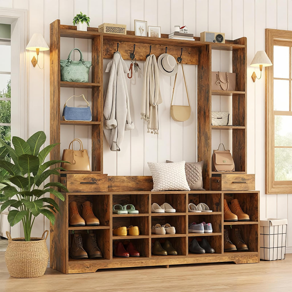 LHIUGE 6-in-1 Hall Tree with Bench & Shoe Storage Cabinet