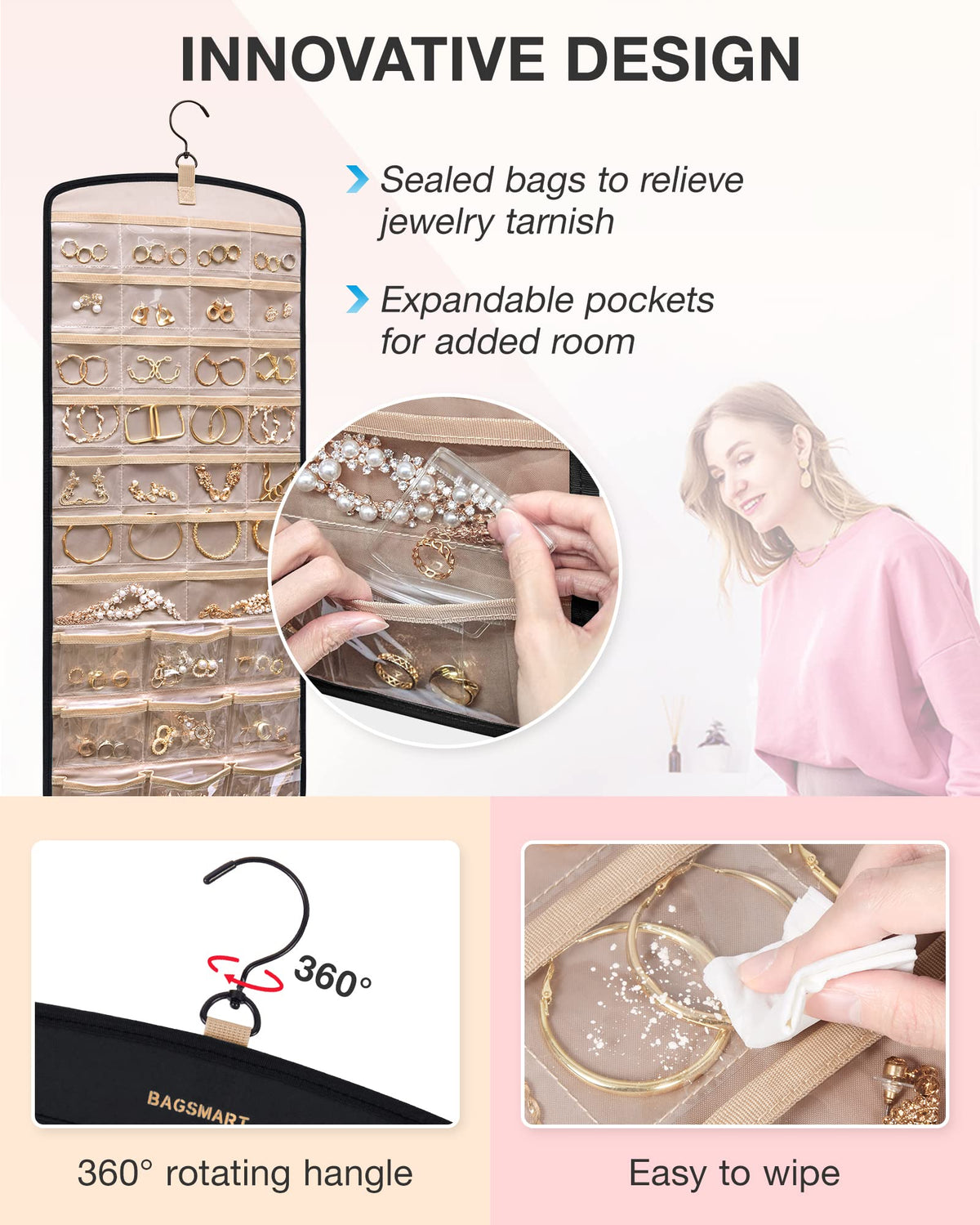 BAGSMART Closet Hanging Jewelry Organizer, Home Kitchen jewelry Storage Organization Closet Storage Accessory Organizers