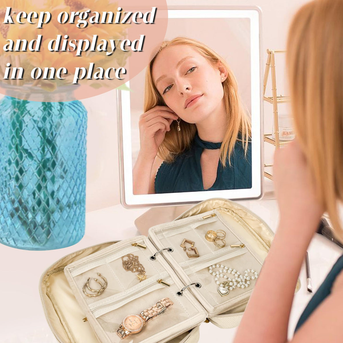 LingLingo Travel Jewelry Organizer Case,Small Jewelry Bags Jewelry Storage Book Binder with Clear Zipper Velvet Pouch for Traveling,Earrings, Rings, Necklace, Bracelet