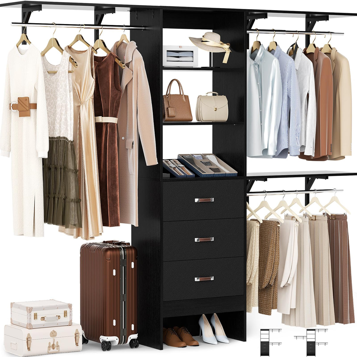 Closet System with Drawer - 8FT Wood Closet Organizer System with 3 Hanging Rods and Shelving Tower, 96" Walk In Closet Organizer Wardrobe, Heavy Duty Garment Rack Clothes Rack