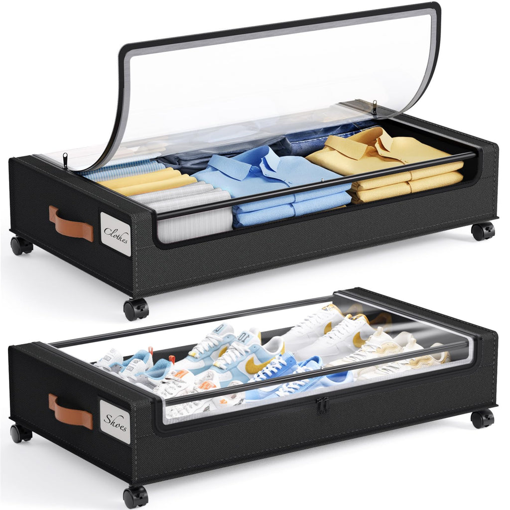 Yecaye Under Bed Storage with Wheels, Large Capacity Under Bed Storage Containers with Metal Frame & Clear Lid, Rolling Underbed Organizer Bins Drawers for Clothes, Shoes, Blankets