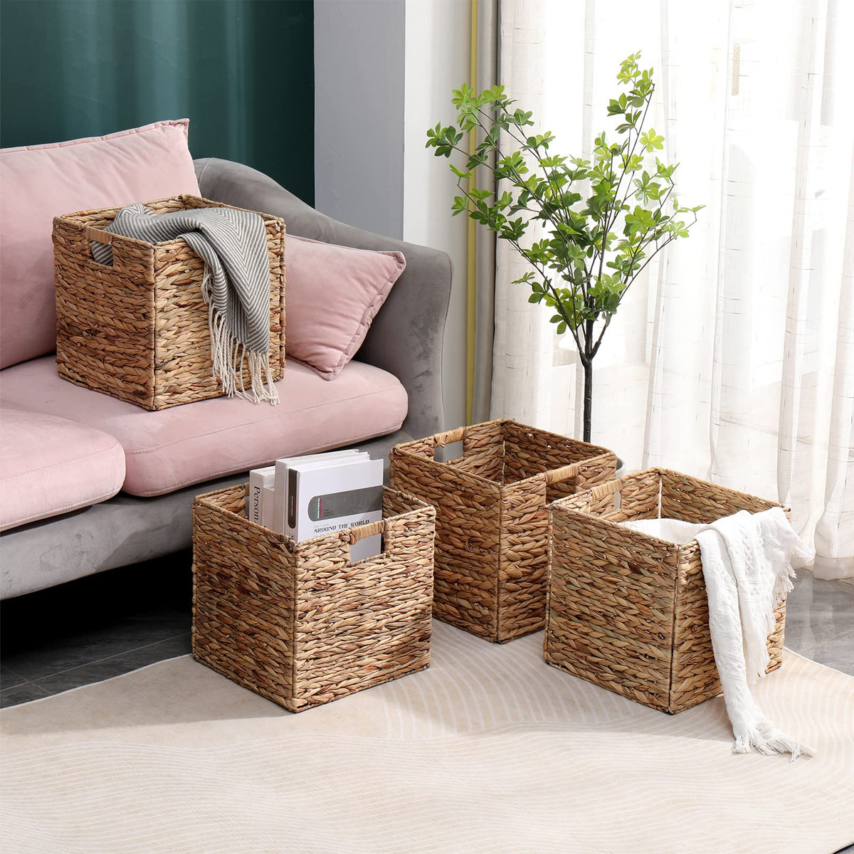 Water Hyacinth Foldable Storage Baskets, 4-Pack